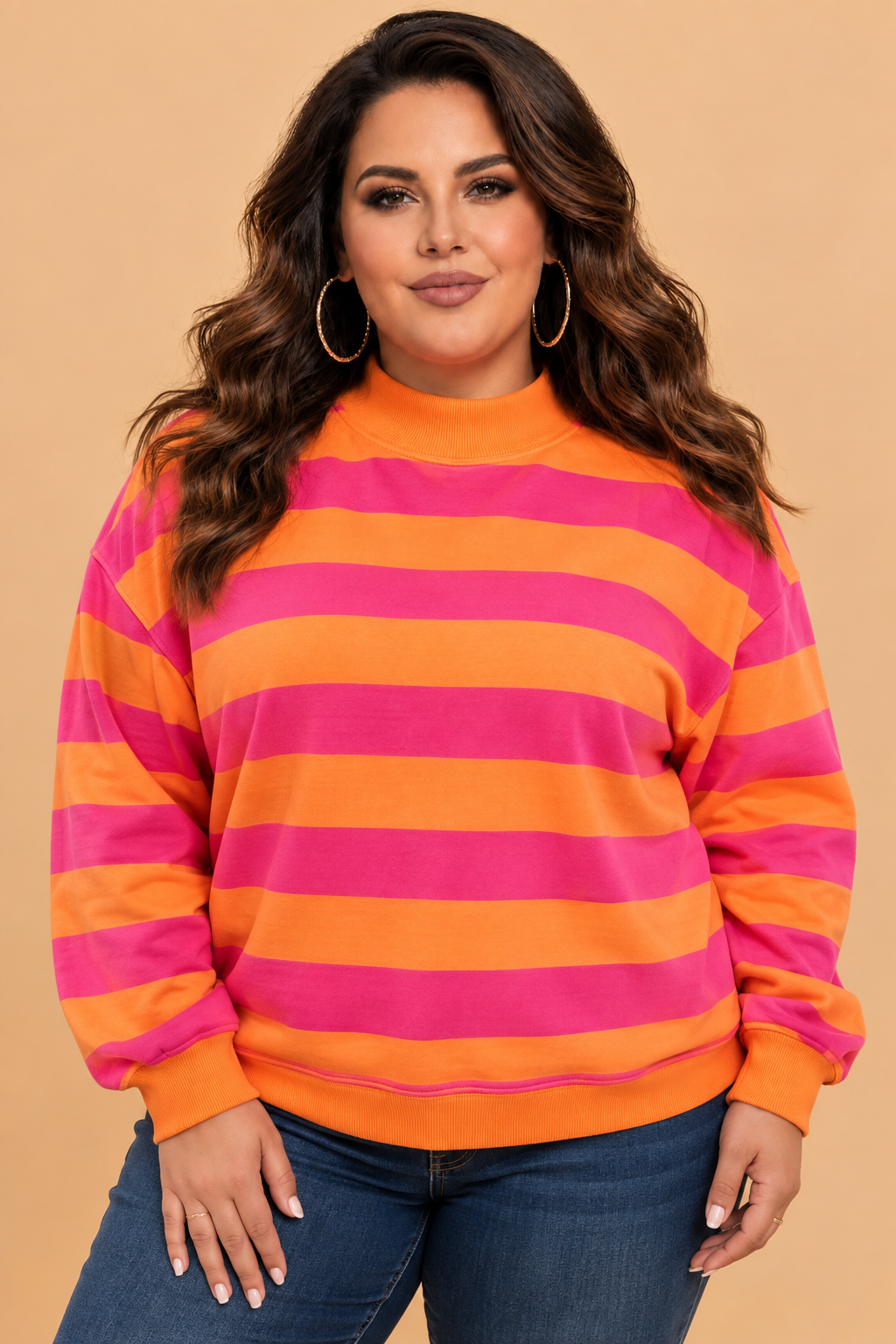 Plus Size Stripe Mock Neck Drop Shoulder Sweatshirt