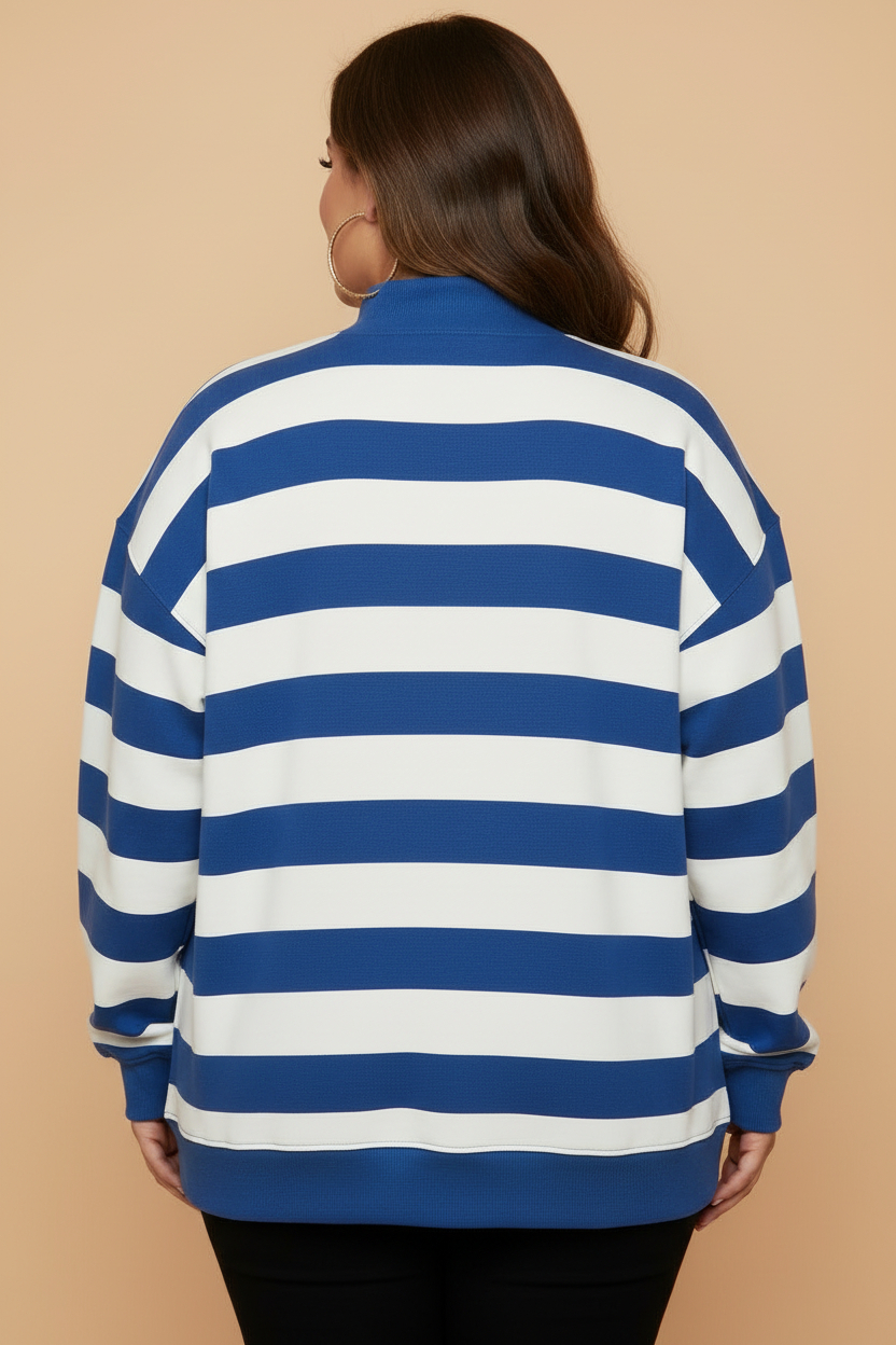 Plus Size Stripe Mock Neck Drop Shoulder Sweatshirt
