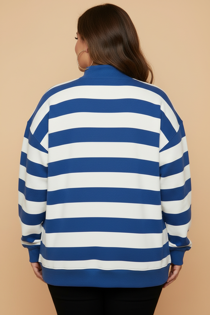 Plus Size Stripe Mock Neck Drop Shoulder Sweatshirt