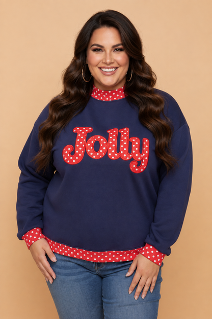Plus Size Christmas Letter Print Polka Dot Trim Sweatshirt