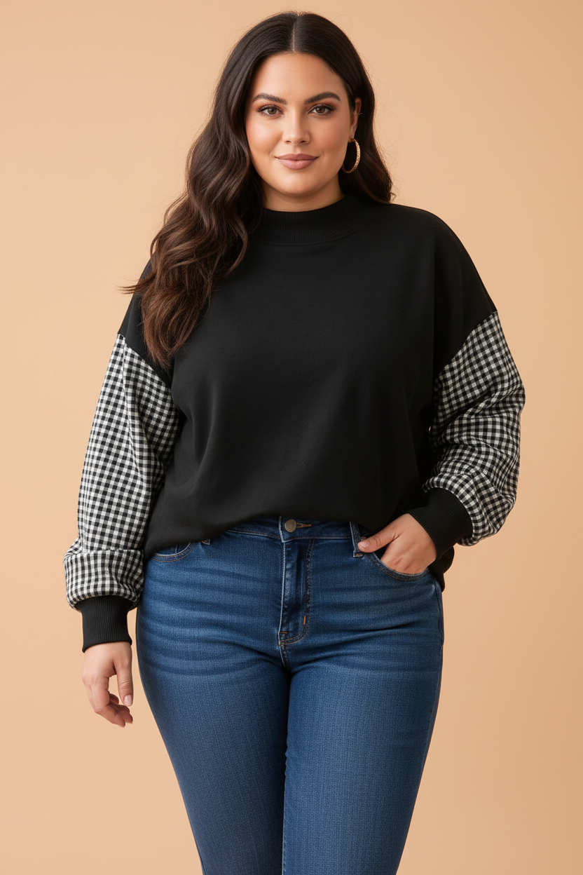 PRETTY BASH Plus Size Gingham Colorblock Mock Neck Sweatshirt