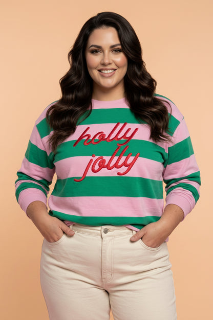 Plus Size Christmas HOLLY JOLLY Embroidered Stripe Sweatshirt
