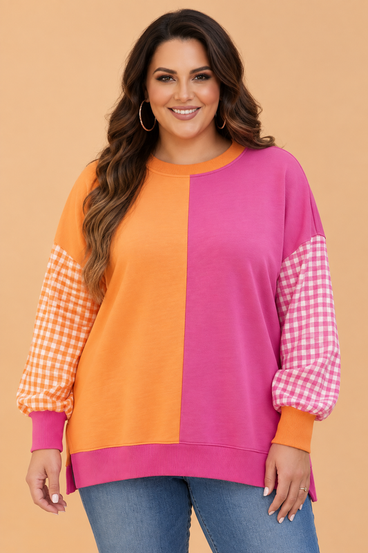 Plus Size Colorblock Gingham Patchwork Split Hem Sweatshirt