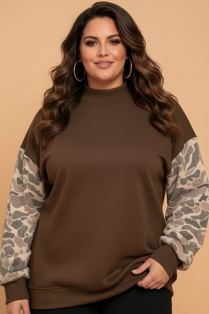 Plus Size Camo Patchwork Mock Neck Sweatshirt
