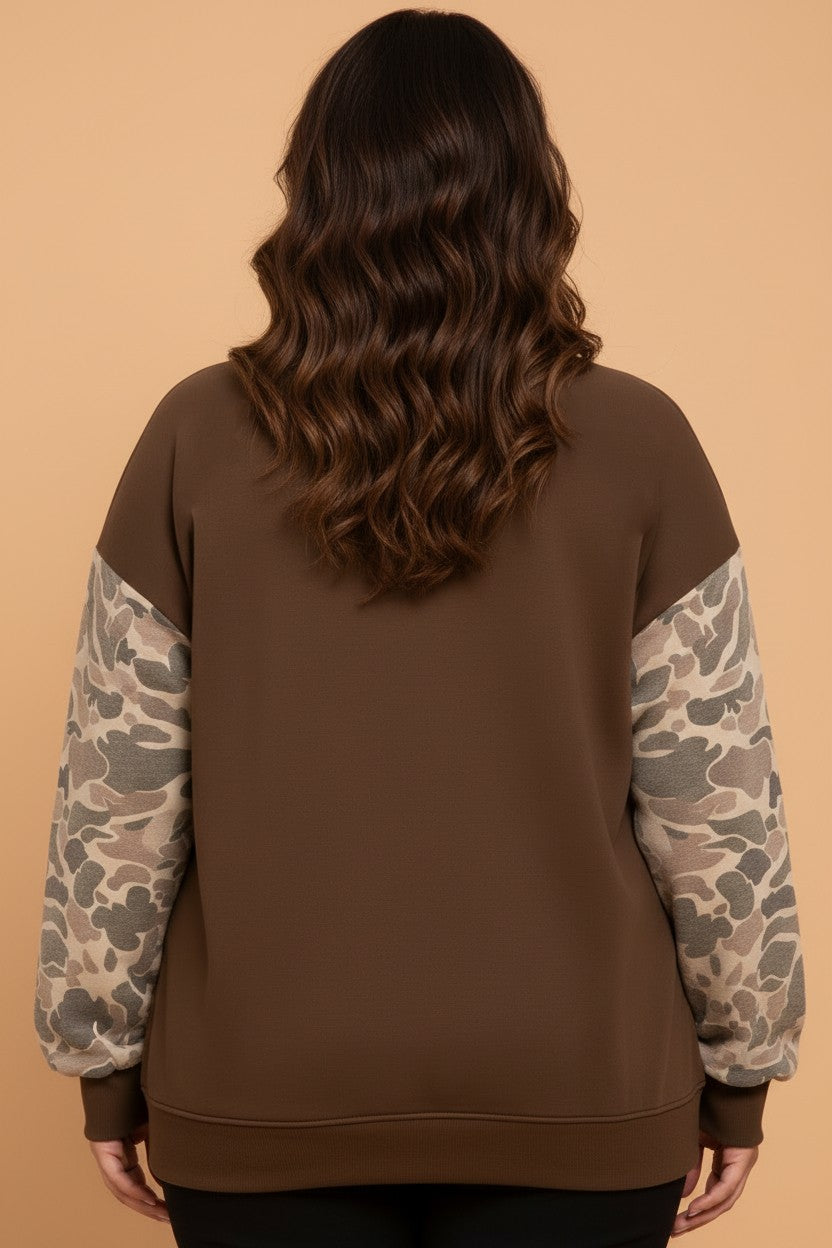 Plus Size Camo Patchwork Mock Neck Sweatshirt