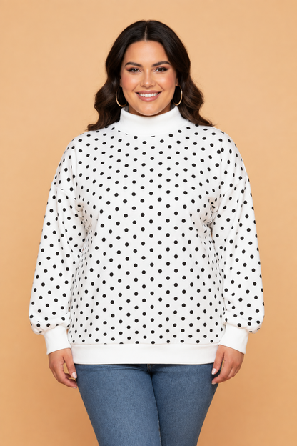 PRETTY BASH Plus Size Polka Dot Ribbed Mock Neck Sweatshirt