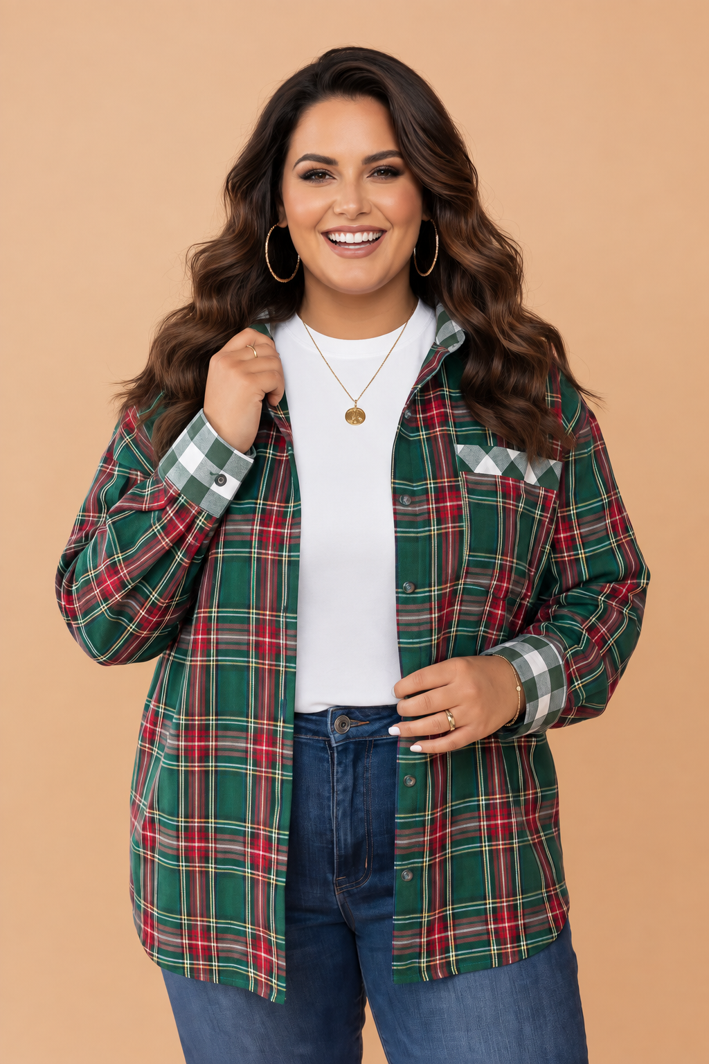 PRETTY BASH Plus Size Plaid Long Sleeve Buttoned Shirt