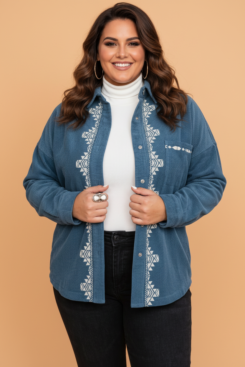 PRETTY BASH Plus Size Western Embroidered Corduroy Long Sleeve Shirt