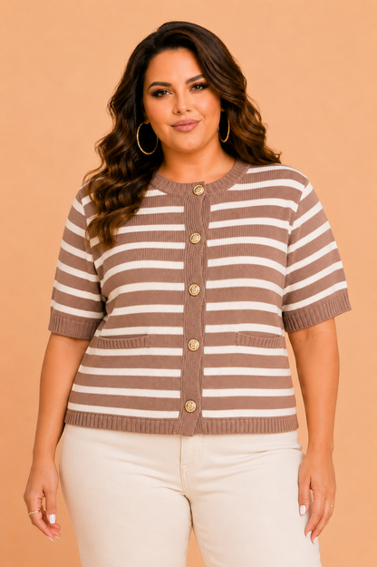 Plus Size Stripe Short Sleeve Button Front Cardigan