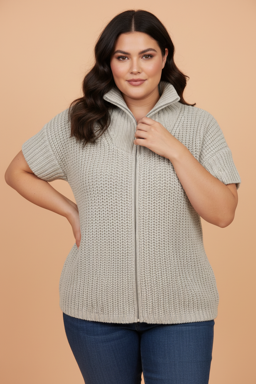 PRETTY BASH Plus Size Solid Zip Up Short Sleeve Knit Top