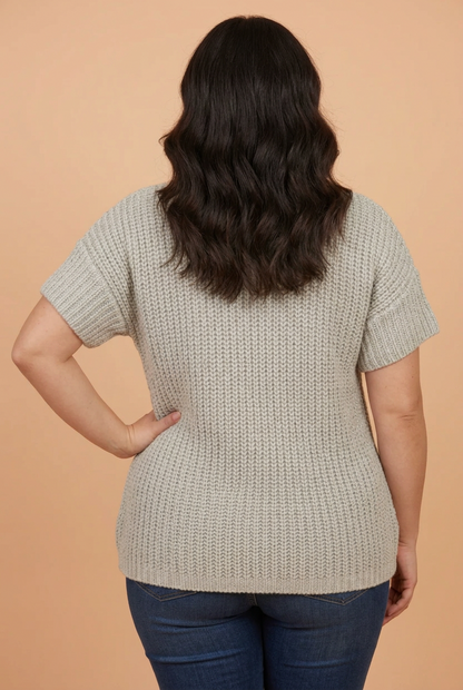 PRETTY BASH Plus Size Solid Zip Up Short Sleeve Knit Top