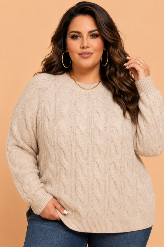 Plus Size Solid Cable Knit Raglan Sleeve Sweater