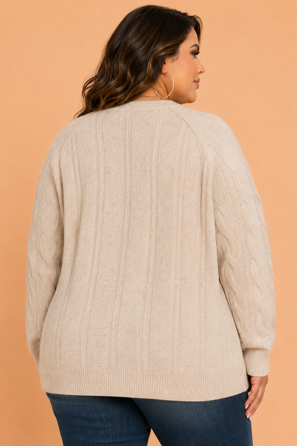 Plus Size Solid Cable Knit Raglan Sleeve Sweater