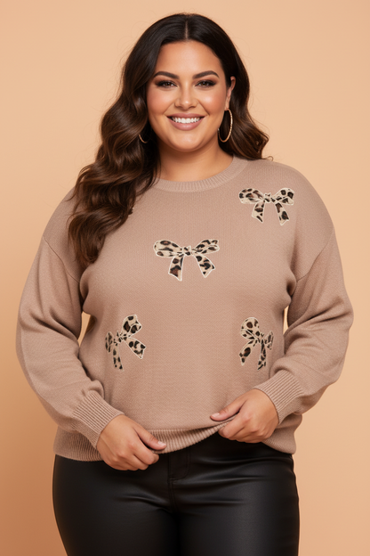 PRETTY BASH Plus Size Leopard Bow Embroidered Patch Sweater