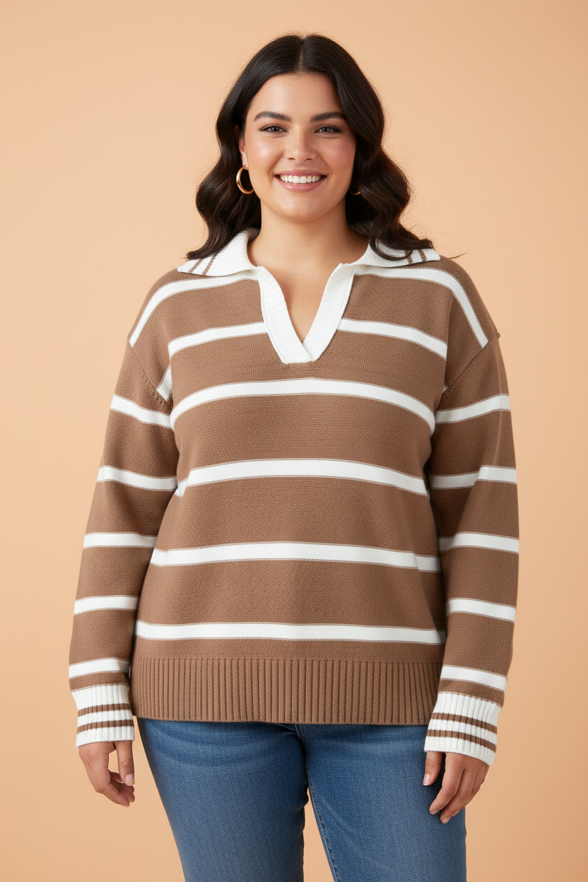 PRETTY BASH Plus Size Stripe Collared V-Neck Exposed Seam Sweater