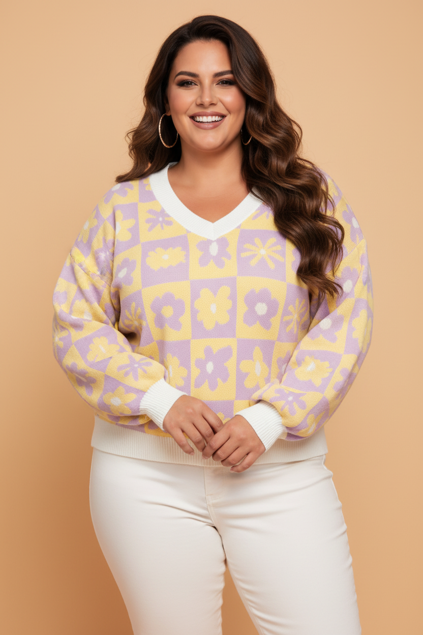 PRETTY BASH Plus Size Floral Checker V-Neck Long Sleeve Sweater