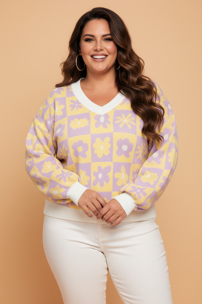 PRETTY BASH Plus Size Floral Checker V-Neck Long Sleeve Sweater