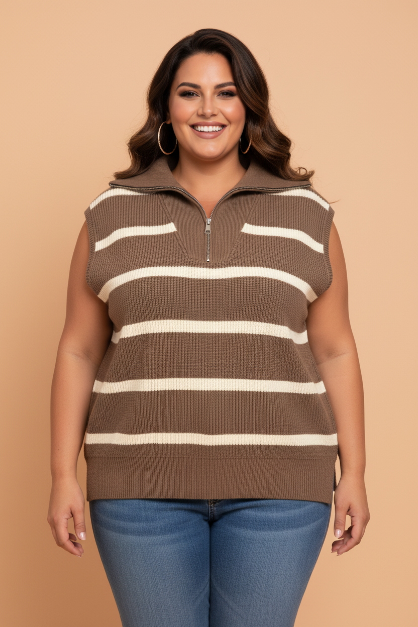 PRETTY BASH Plus Size Stripe Half-Zip Short Sleeve Knit Top