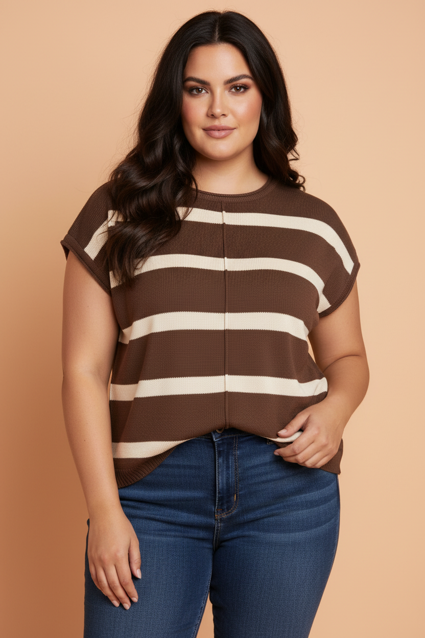 PRETTY BASH Plus Size Western Stripe Short Sleeve Knit Top