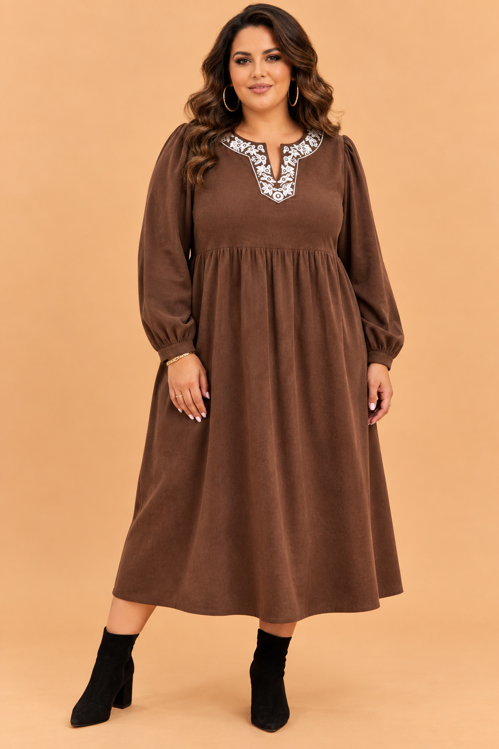 Plus Size Textured Corduroy Embroidered Neckline Midi Dress