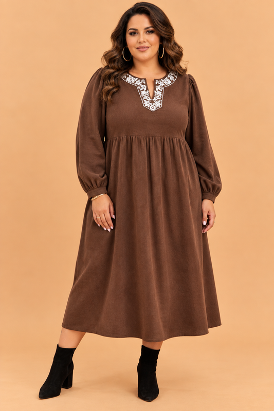 Plus Size Textured Corduroy Embroidered Neckline Midi Dress