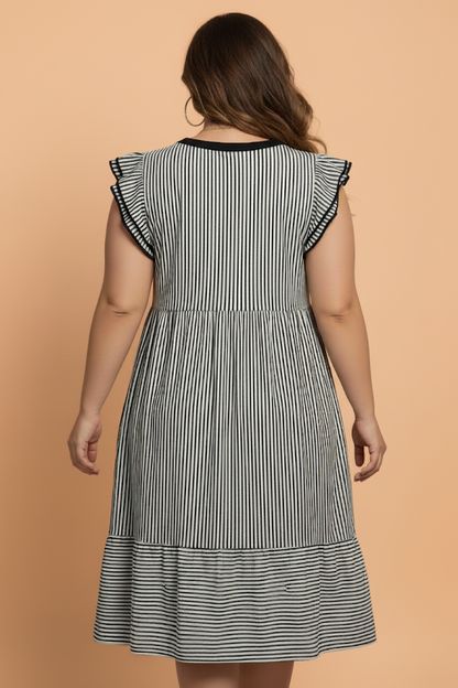 Plus Size Stripe Flutter Sleeve V-Neck Maxi Dress
