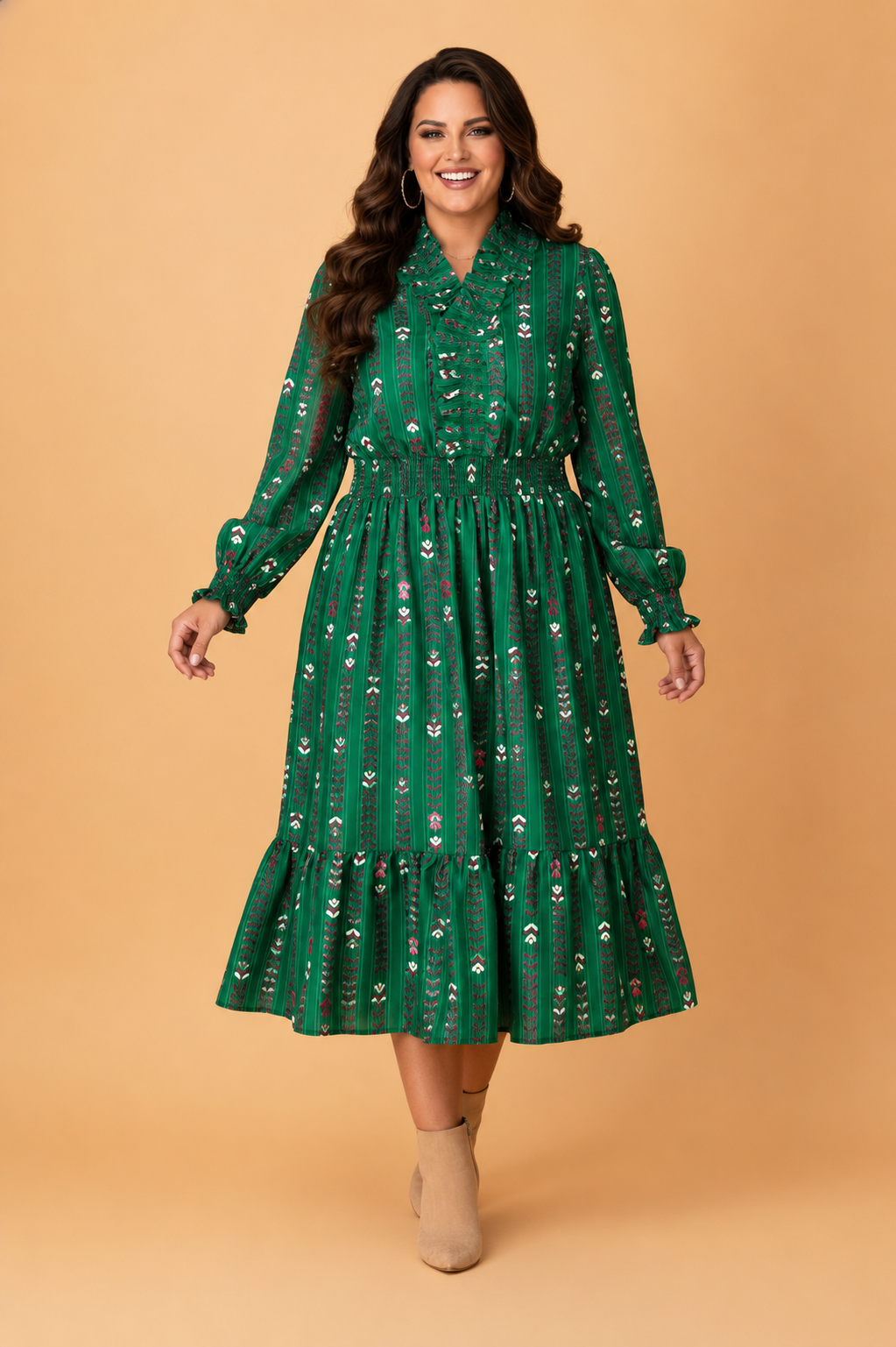 Plus Size Floral Ruffle V-Neck Long Sleeve Midi Dress