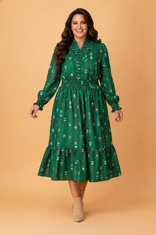 Plus Size Floral Ruffle V-Neck Long Sleeve Midi Dress