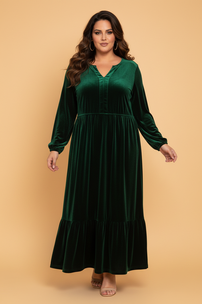 PRETTY BASH Plus Size Velvet V-Neck Long Sleeve Maxi Dress