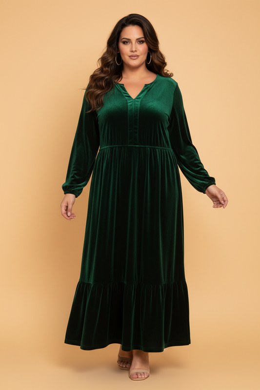 PRETTY BASH Plus Size Velvet V-Neck Long Sleeve Maxi Dress