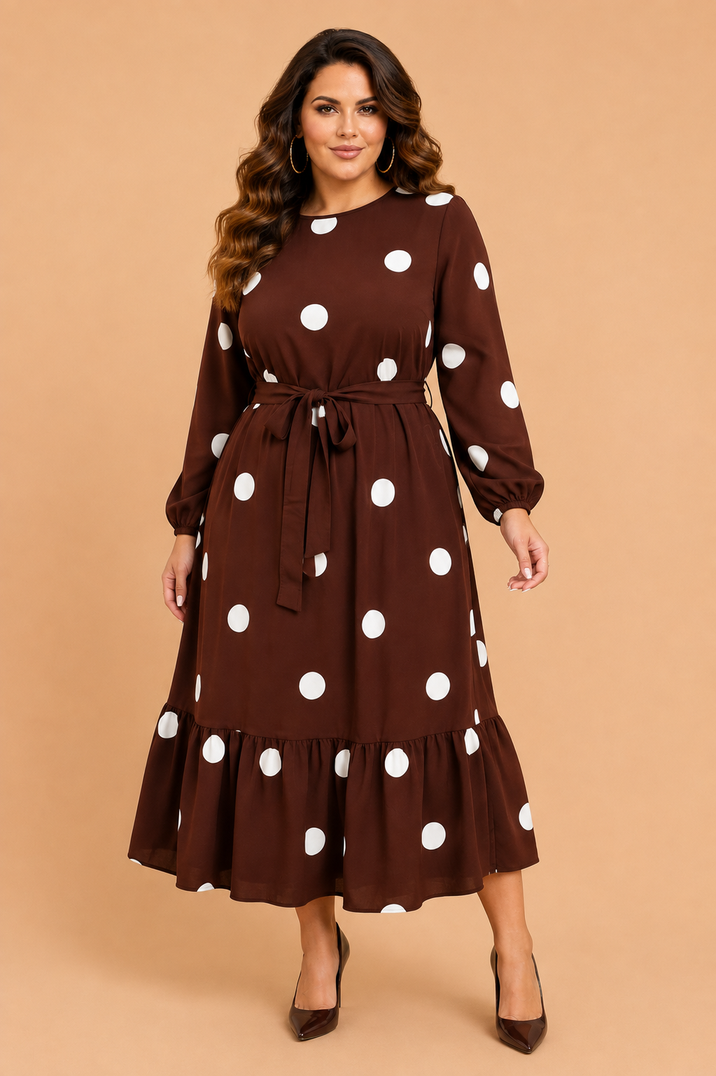 Plus Size Polka Dot Long Sleeve Ruffle Midi Dress