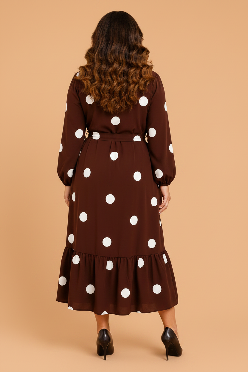 Plus Size Polka Dot Long Sleeve Ruffle Midi Dress