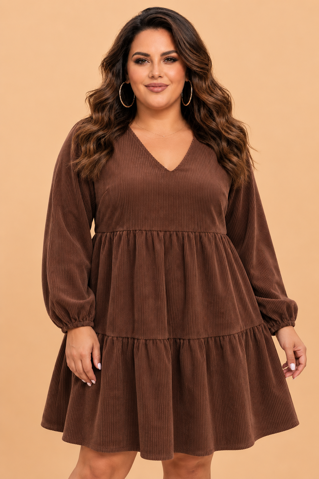 Plus Size Solid Corduroy Long Sleeve Mini Dress
