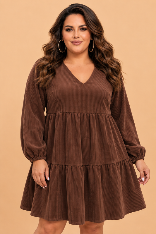 Plus Size Solid Corduroy Long Sleeve Mini Dress