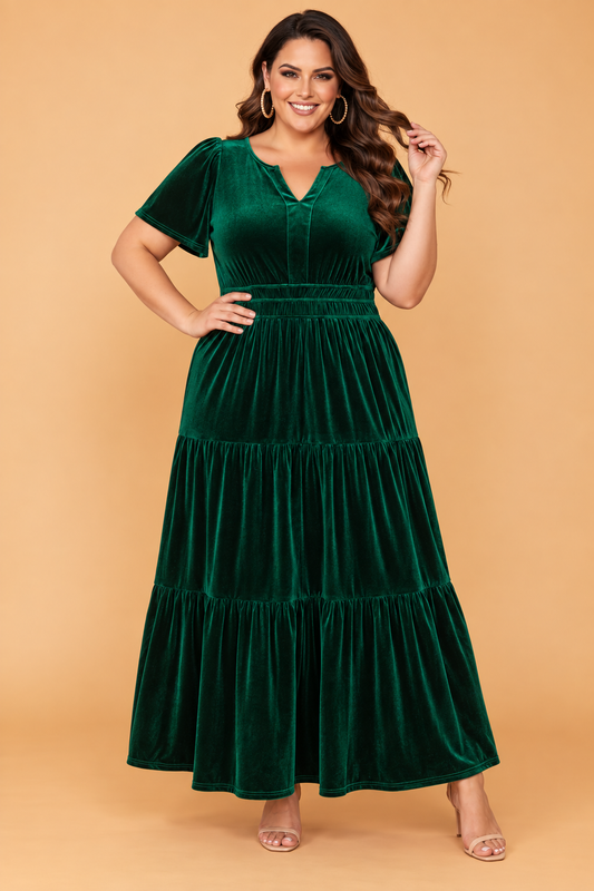 PRETTY BASH Plus Size Velvet Shirred Waist Tiered Maxi Dress