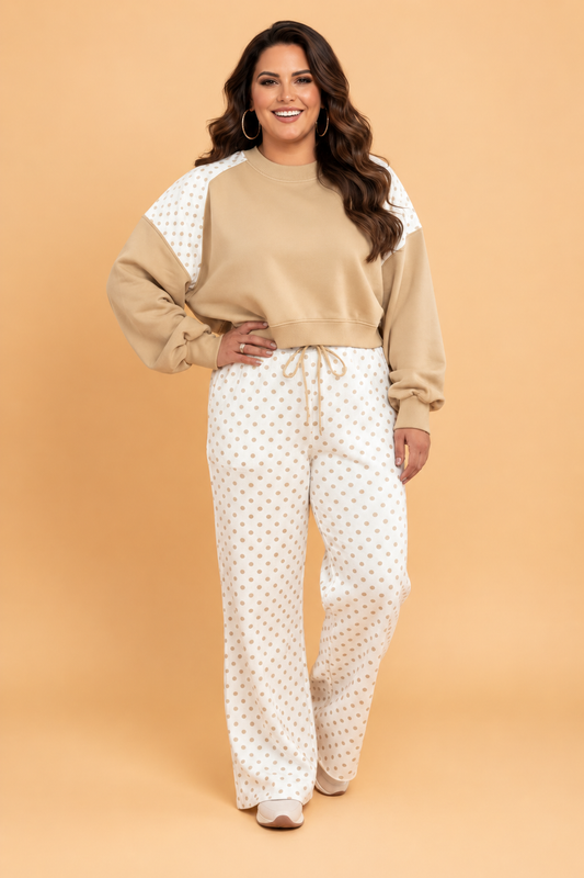 Plus Size Polka Dot Patchwork Crop Top & Pants Set