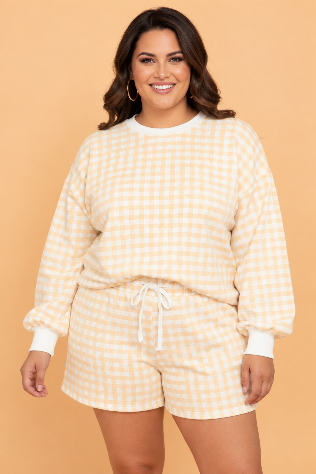 Plus Size Gingham Long Sleeve Top & Shorts Set