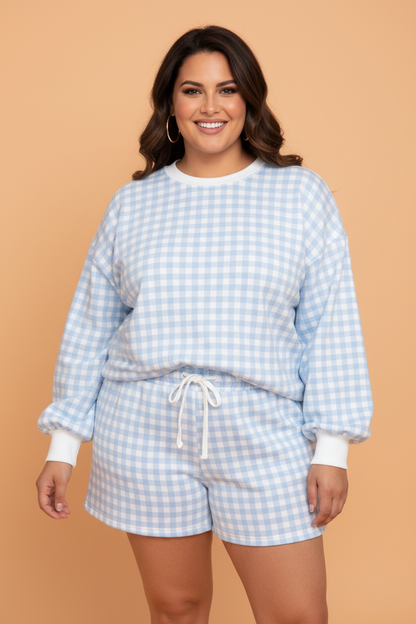 Plus Size Gingham Long Sleeve Top & Shorts Set