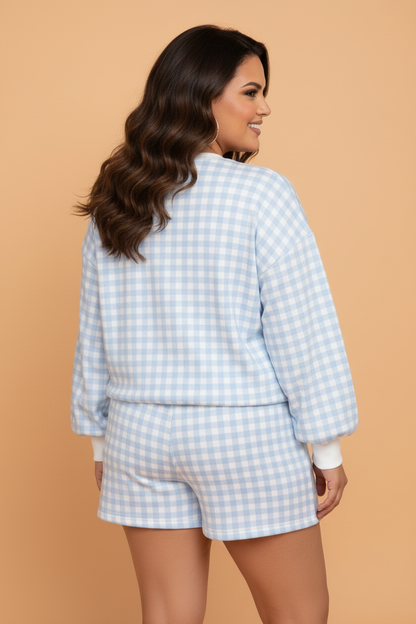 Plus Size Gingham Long Sleeve Top & Shorts Set