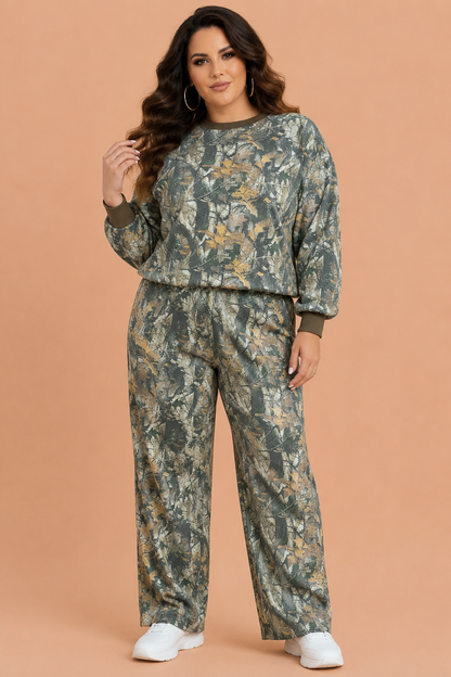 Plus Size Camo Long Sleeve Top & Pant Set