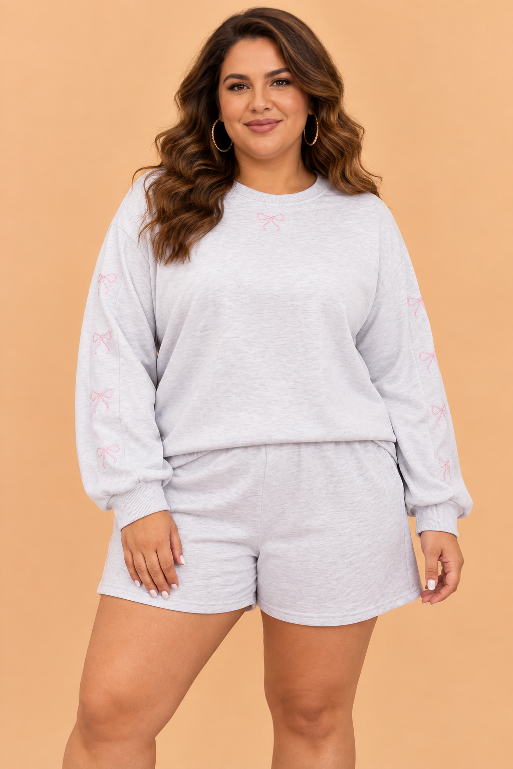 Plus Size Bow Tie Embroidered Pullover and Shorts Set