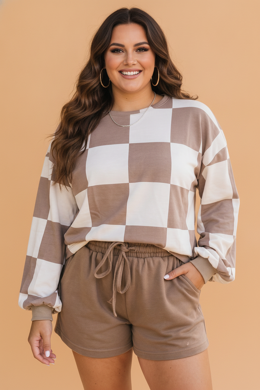 Plus Size Checker Long Sleeve Top & Solid Shorts Set