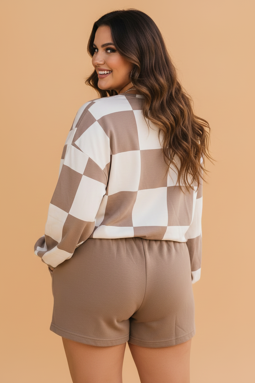 Plus Size Checker Long Sleeve Top & Solid Shorts Set