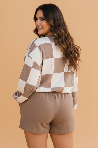 Plus Size Checker Long Sleeve Top & Solid Shorts Set