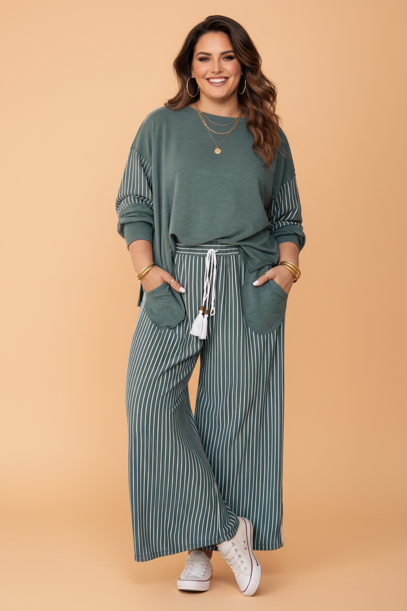 PRETTY BASH Plus Size Stripe Patchwork Raw Seam Top & Pants Set