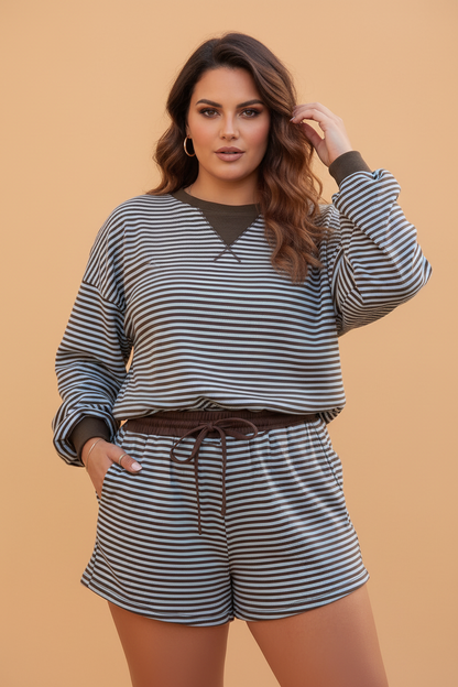 PRETTY BASH Plus Size Stripe Long Sleeve Top & Drawstring Shorts Set