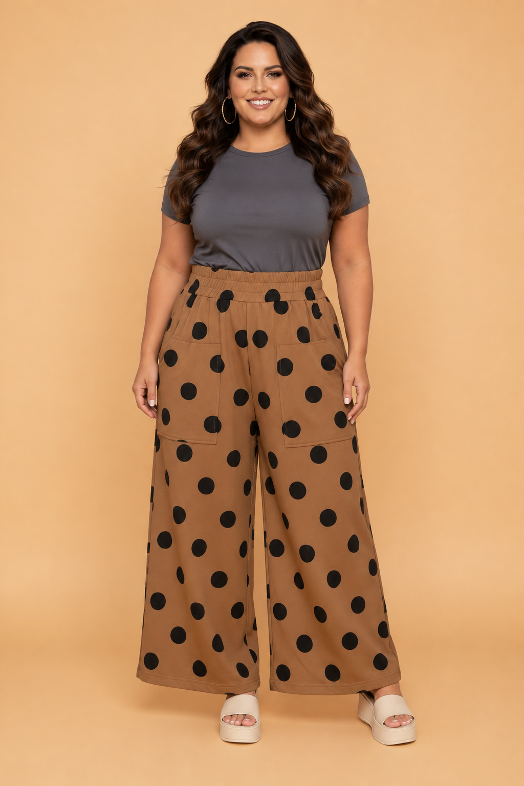PRETTY BASH Plus Size Polka Dot Elastic Waist Wide Leg Pants