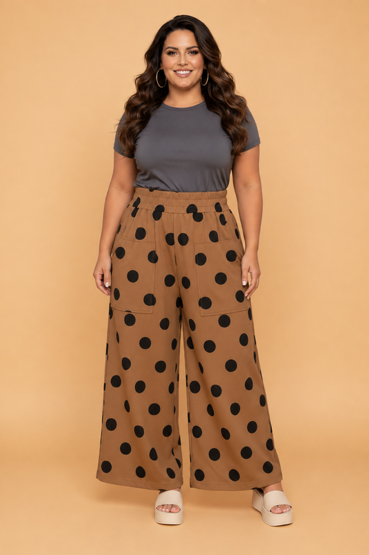 PRETTY BASH Plus Size Polka Dot Elastic Waist Wide Leg Pants