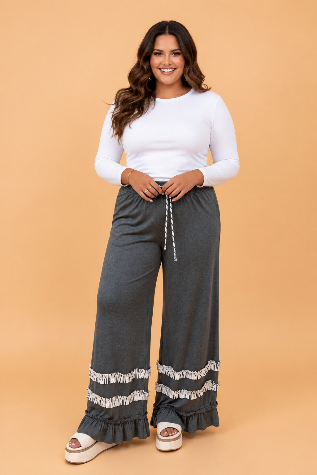 PRETTY BASH Plus Size Ruffle Trim Wide Leg Pants