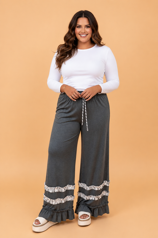 PRETTY BASH Plus Size Ruffle Trim Wide Leg Pants